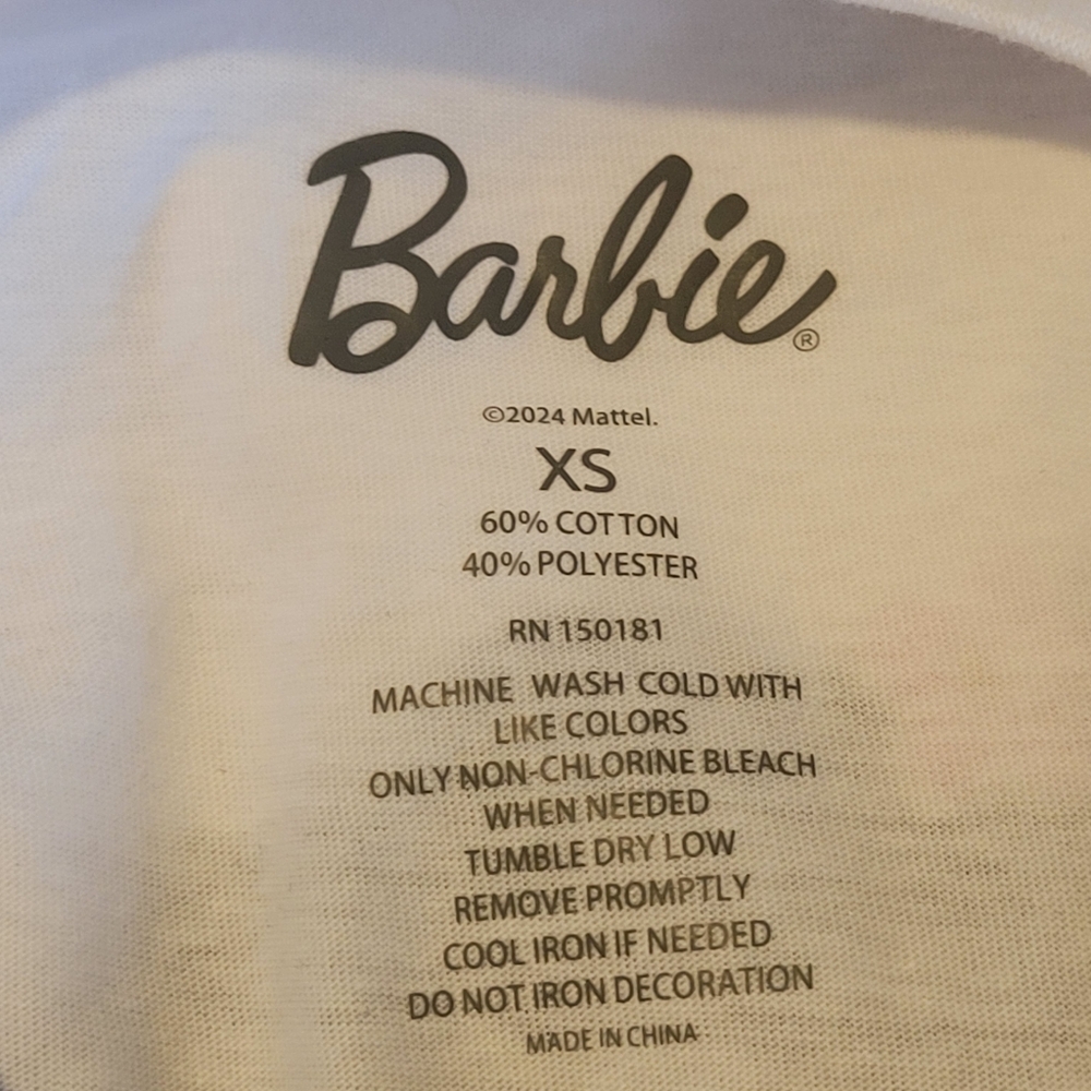 Black Barbie White Graphic T-Shirt Flower Power Womens XS - Picture 3 of 3